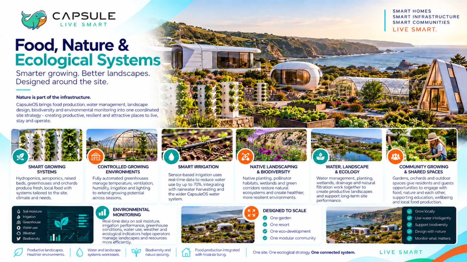Capsule Whales ecological systems for modular communities, including smart growing, greenhouses, irrigation, biodiversity, water management, community gardens, and environmental monitoring.