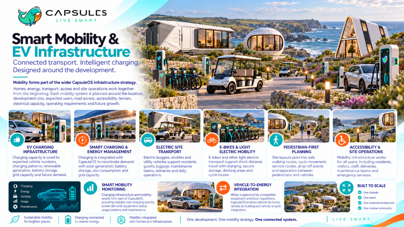 Smart mobility, EV charging, electric site transport, and pedestrian-first infrastructure integrated with CapsuleOS.